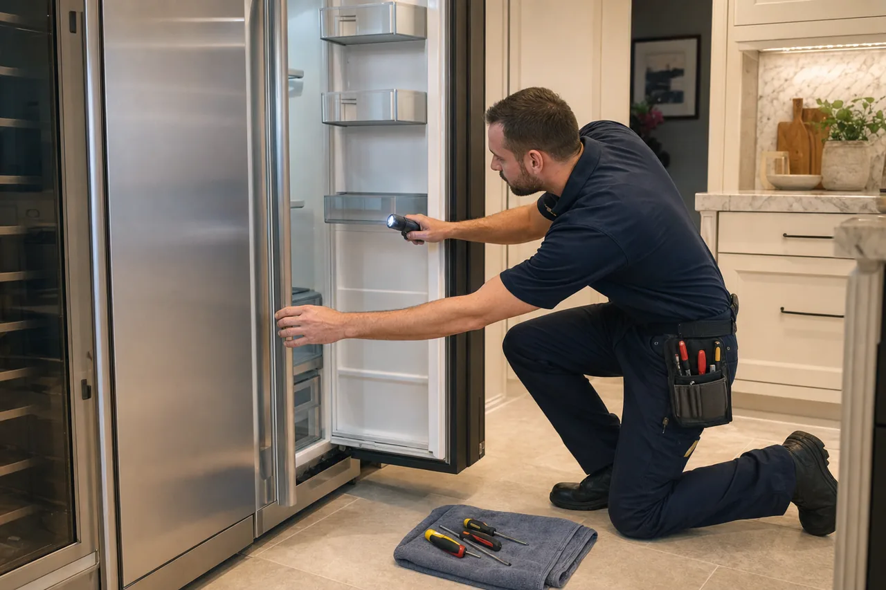 Technician repairing a built-in refrigerator up close