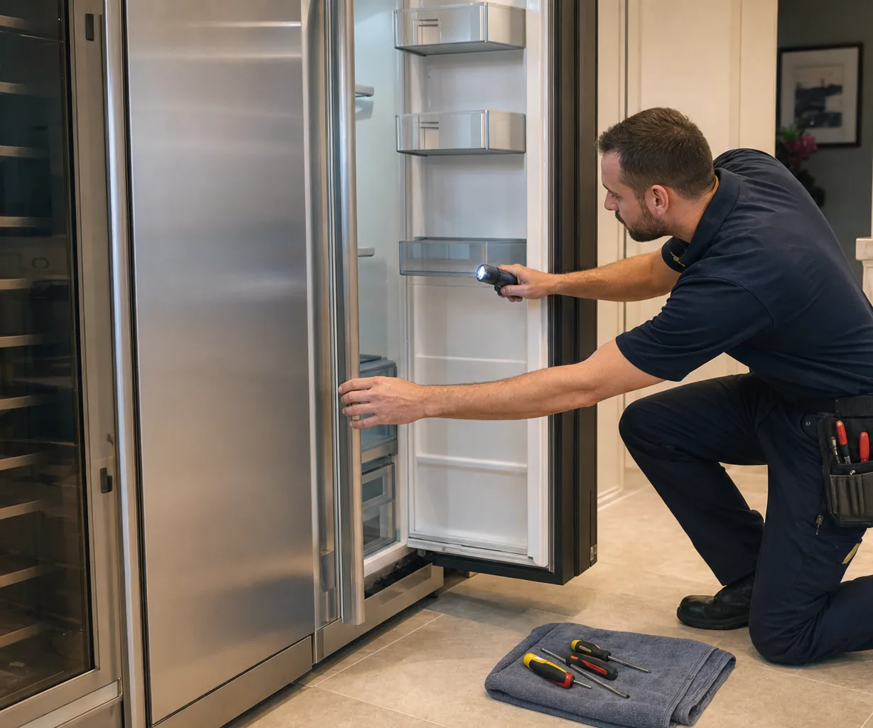 Technician repairing a built-in refrigerator on a same-day visit